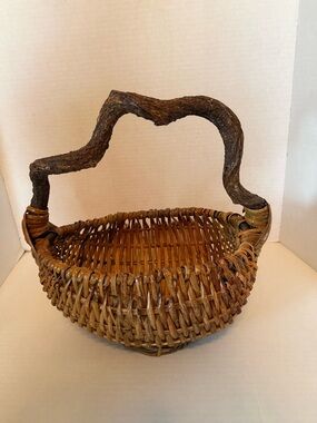 Rustic Woven Basket with Natural Wood Handle